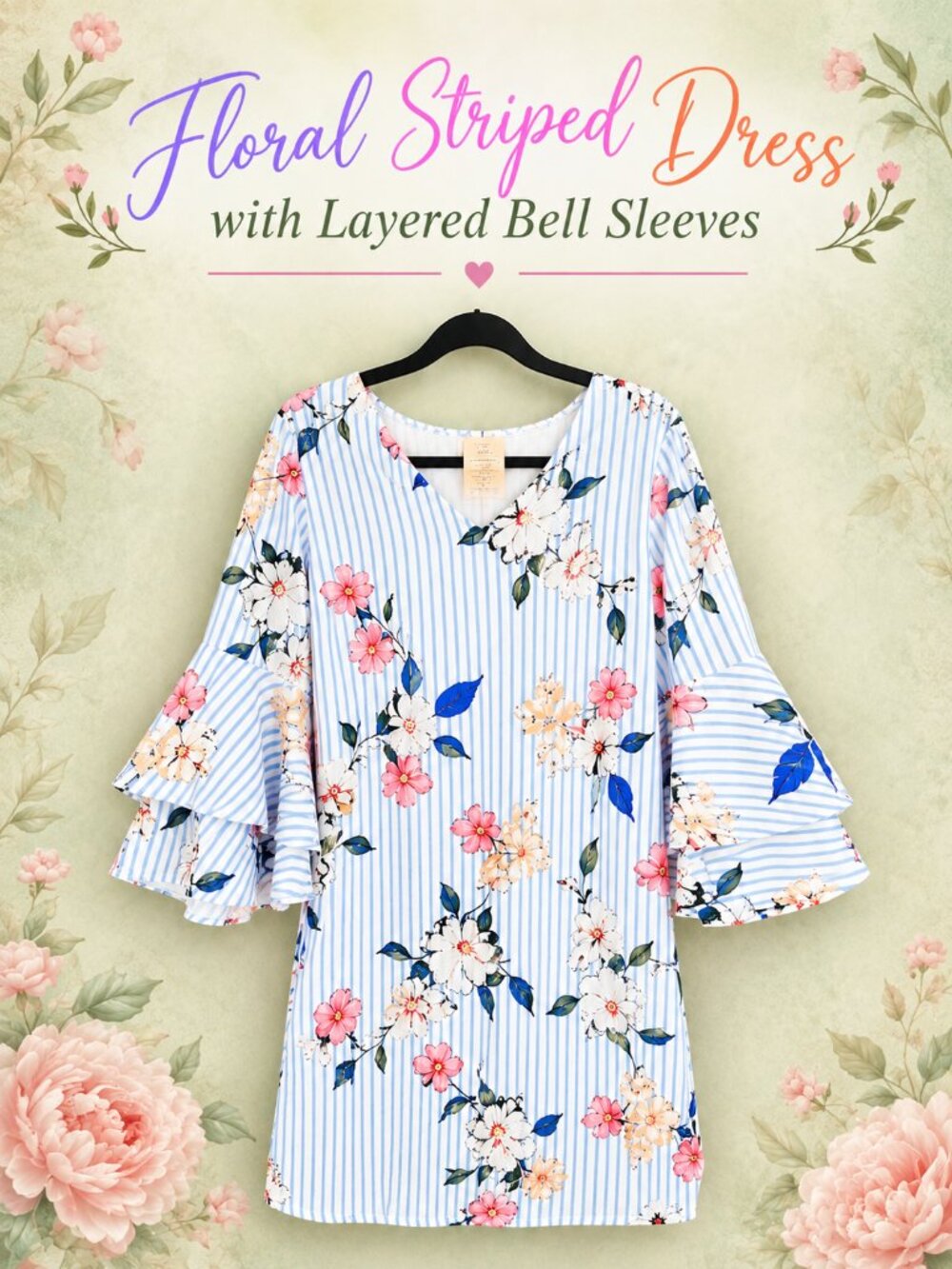 Japna Floral Striped Dress with Layered Bell Sleeves